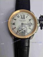 Copy Swiss Cartier Calibre Watch Rose Gold Bezel Black Leather